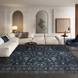 Wonnitar Vintage Floral Rugs for Living Room, Washable 8x10 Area Rugs, Low Pile Non Shedding Stain Resistant Rugs for Bedroom Dining Room Home Office Department,(Blue,8x10)