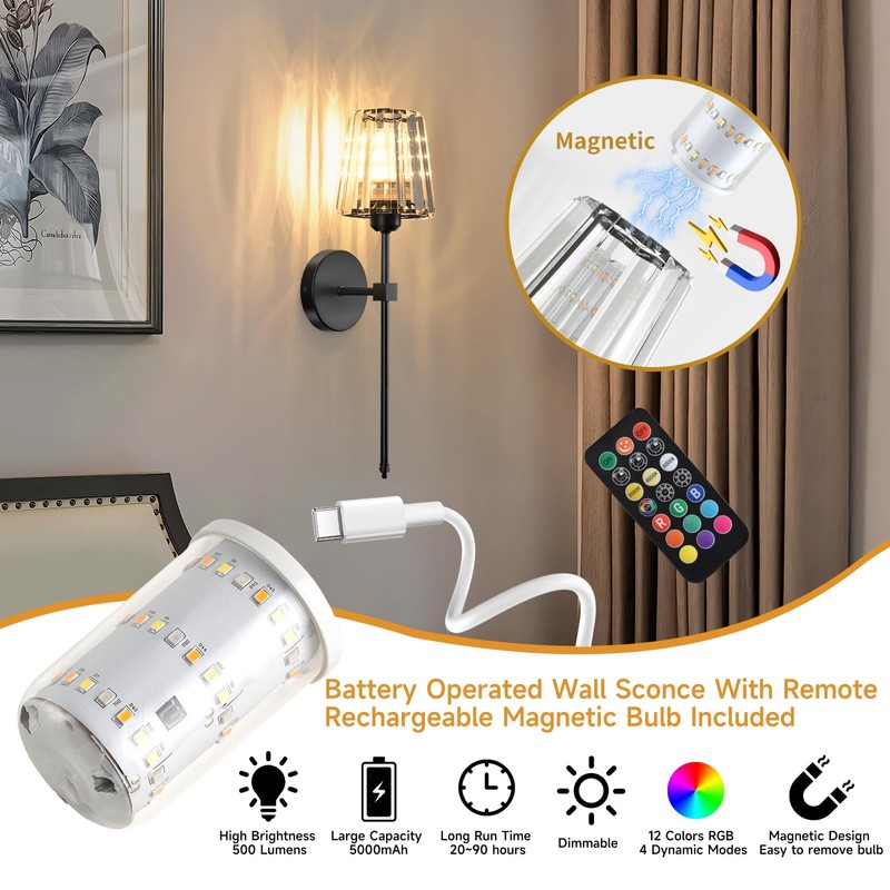 Battery Operated Crystal Wall Sconces Set of 2, Black Wireless
