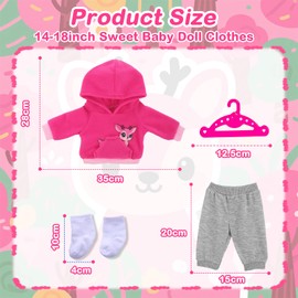 Baby Puppen Kleidung für 14-18 Zoll Babypuppen, 4 Stück Süße 34-45cm Rosenrots Sikahirsch Puppenkleidung, Rosenrots Sikahirsch Hoodie + Graue Hose + Socken + Kleiderbügel, Geschenke für Kinder