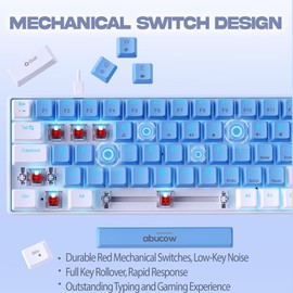 abucow 60% Mechanical Keyboard with Blue Backlight 68-Key Gaming Keyboard Light Blue-White Keycaps - Red Switches for a Premium Typing and Gaming Experience PC Mac (Light Blue-White)