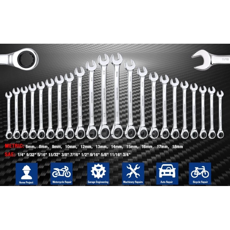 WORKPRO 22-Piece Ratcheting Wrench Set 180-degree flex head 72 Teeth