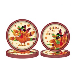 USUKUSI 60 Pcs Thanksgiving Paper Plates, One-Time Turkey Platter for Autumn Party, Maple Leaf Turkey Design Tableware, Picnic Carnival Dinner, 9 Inches Plus 7 Inches