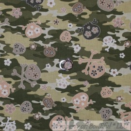 Benartex BonEful Fabric FQ Cotton Quilt Green Army Camouflage Camo Flower Skull Skeleton