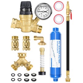 RV Water Pressure Regulator Kit, RV Fresh Water Kit All-in-One Sprinkler Blowout Adapter, Inline Water Filter, Hose Splitter, Brass Elbow, Flexible Connector, Hose Quick Connects, Leak Repair Kit