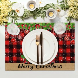 Juego de 4 manteles individuales de invierno, 12 x 18 pulgadas, diseño de árbol de Navidad, gnomo, camión, mesa de comedor, color rojo, negro, a cuadros, rectangular, decoración de mesa, para fiestas