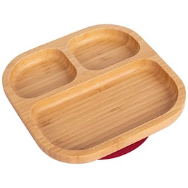 Tiny Dining Children's Segmented Bamboo Dinner Plate with Strong Stay Put Suction Cup - Great for Baby Toddler Weaning - Eco Friendly Kids Food Plates - Red