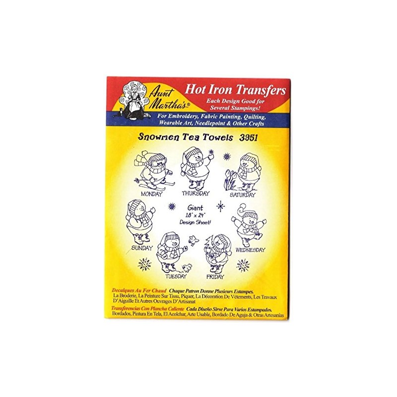 Snowmen for Tea Towels Aunt Martha's Hot Iron Embroidery Transfer