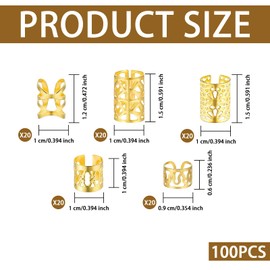100 Pcs Gold Hair Cuffs, Braid Hair Jewelry Braids Hair Accessories for Black Women, Adjustable Hair Clips Cuffs Charms Dreadlock for Men Women Festival Decorations