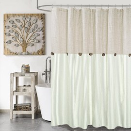 DOSLY IDÉES Farmhouse Shower Curtain,Beige and Green Stripe,Button Curtain,Linen and Cotton Blend Fabric,Rustic Charm Country Chic Style,72x72 in