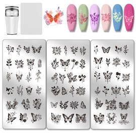 PH PandaHall 3pcs Butterfly Nail Stamping Plates 67 Patterns Flower Nails Art Stencils Leaf Manicure Art Templates Plant Floral Print Nail Stencils for Women Print Manicures Salon Design Supplies