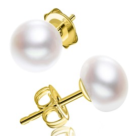 Pearl Earrings, Women's Pearl Earrings 925 Sterling Silver 6/8/10/11 mm Button White Freshwater Pearl Stud Earrings, Sterling silver, yellow gold