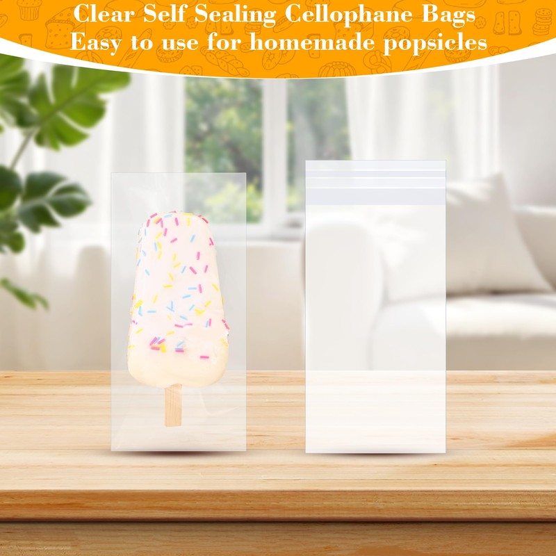 Miraclekoo 100 Pcs Popsicle Bags, Clear Self Sealing Cellophane bag