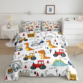Tabeskly Kids Boy Car Digger Tractor Dinosaur Soft Zipper Bed Bedding Duvet Cover Set Double White 200×200cm