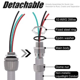 6FT 1/2-Inch Electrical A/C Whip Kit,Nonmetallic Liquid Tight Flexible Electrical Conduit,7.5FT of Connecting Wires 3-Conductor 10-Gauge Wires w/Straight/90 Degree Fittings