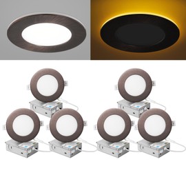 ZYC Recessed Lighting 4 Inch - 9W 800LM LED Recessed Ceiling Light with Night Light,2700K/3000K/3500K/4000K/5000K Selectable Ultra-Thin Lighting,Dimmable Canless Wafer Downlight,Pack of 6（Bronze）.
