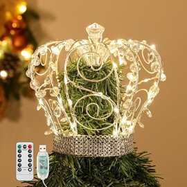 Lewondr Christmas Tree Topper, Metal Frame Tree Topper Crown with 50 Warm Light Beads, Remote & USB Operated Tree Topper with Lights 6H Timer, Xmas Tree Decor for Holiday Home Decoration, Silver