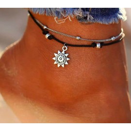 Black & silver anklet | Double ankle chain | Sun ankle bracelet | Festival jewellery | Black cord ankle chain | Holiday jewellery