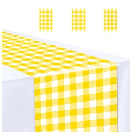 MUNILAIL 3 Pcs Yellow and White Checkered Table Runner 14 x 108 Plastic Gingham Table Runner for Birthday Wedding Baby Shower Party Disposable Table Runner