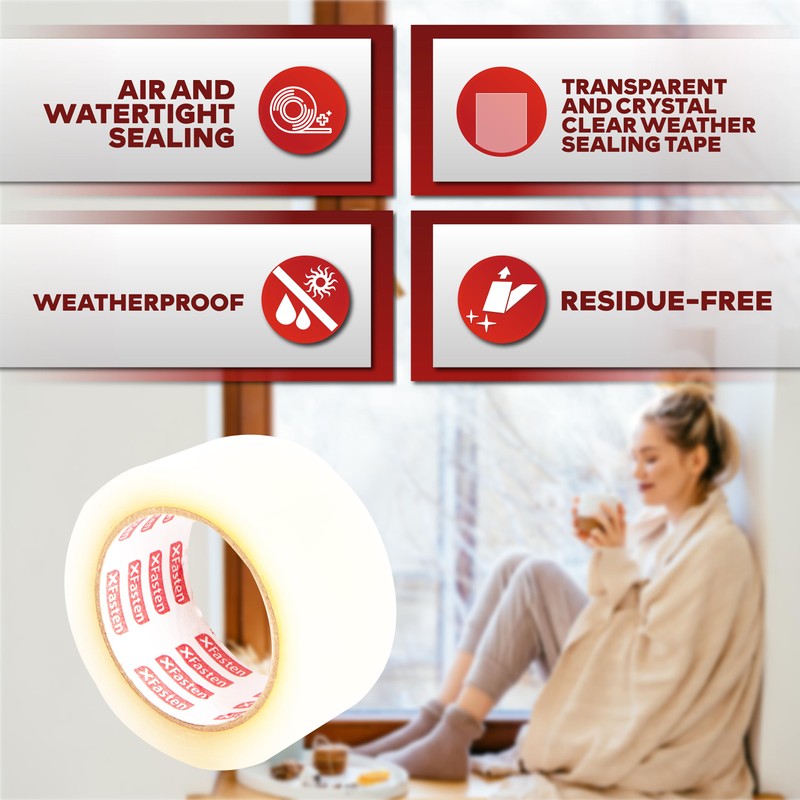 XFasten Transparent Window Weather Stripping Tape 2”x30yds (3-Pack Total 90yds),