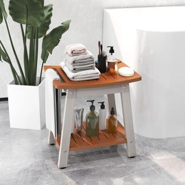 Giantex Shower Bench HIPS Waterproof - Bath Spa Seat with Storage Shelf, Soap Dish, Towel Bar, Heavy Duty Shower Stool Foot Rest Step for Shaving Legs, Seniors Bathroom Stool (Brown & White)