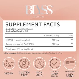 BLYSS Nutrition 5HTP Plus GABA Supplement - Supports Mood, Relaxation Stress & Sleep - 200mg - Pure HTP-5 Capsules for Women - 60 ct