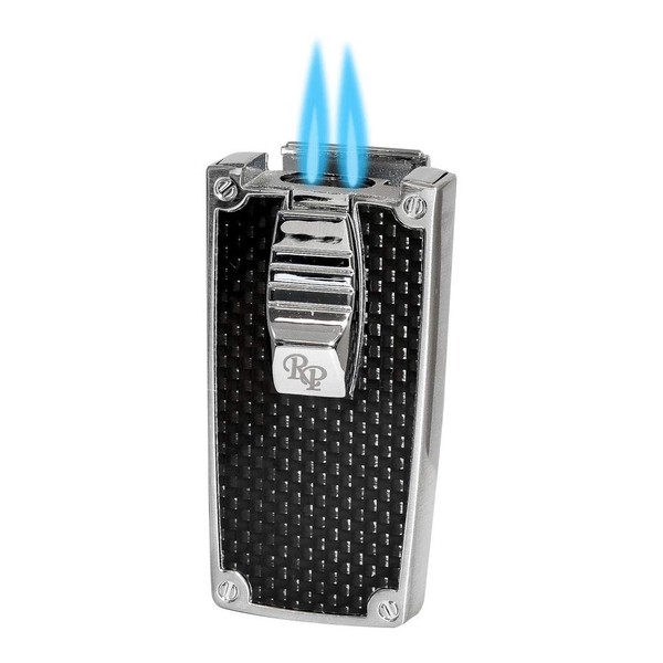 Rocky Patel Lighter Nero Double Torch Flat Flame Chrome and Black Carbon Fiber