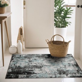 RELEANY Washable Area Rug 2'x3' Non-Slip Indoor Modern Abstract Low Pile Soft Carpet Rugs for Living Room Bedroom Home Entryway, Print Pattern, Blue Black Teal