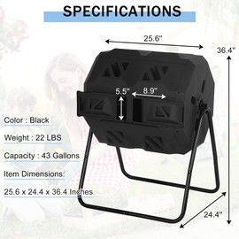 Outdoor Compost Tumbling Bin 43 Gallon Large Dual Chamber Sliding Doors Composter Steel Frame Garden Tumbling Rotating Composting Bins 360° Compost Tumbler Bucket Trash Can for Patio Yard (Black)