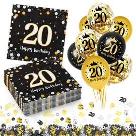 Napkins 20th Birthday, Pack of 30 Napkins 20th Birthday Man + 18 Pieces Decorative 20th Birthday Balloons, Napkins 20th Birthday Man Woman, Happy Birthday 20 Napkins