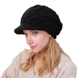 CheChury Women's Wool Hat Winter Hat Warm Knitted Hat Women Winter Hat Cashmere Hat with Shirt Women's Peaked Cap Chunky Knit Beret Hat Winter Knitted Hat with Peak Women's Beret Fleece, black