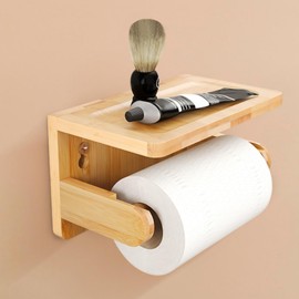 Bamboo Toilet Paper Holder with Phone Shelf, No Drill Wall-Mounted Tissue Holder, Multi-Functional Bathroom Storage Rack with Shelf for Soap, Candles, and Small Items