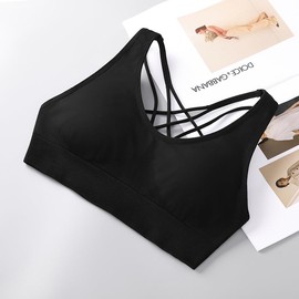 Cross Back Sports Bras for Women Padded Strappy Cropped Bras Medium Support for Yoga Fitness Workout (L, Black)