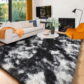Amdrebio Black White Grey Area Rug for Living Room,5x8 Rug,Soft Fluffy Rug for Bedroom,Furry Plush Rug for Kids Room,Modern Large Shaggy Rug for Men Boy,Aesthetic Cool Rug for Dorm,Floor Carpet