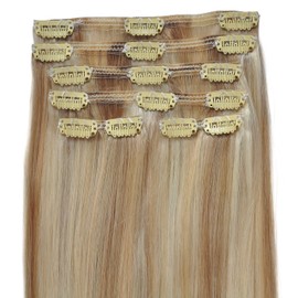 12 inch, FULL HEAD, 6pcs, Silky Soft Clip-in Hair Extensions - 100% Remy, Triple Weft, Human Hair, (100g, 60/22/18 - Natural Highlighted Blonde)
