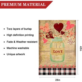 LHSION Happy Valentine's Day House Flag 28 x 40 Inch Buffalo Plaid Marson Jar Love Heart Decorative Double Sided Large Flag for Wedding Valentine's Day Decoration