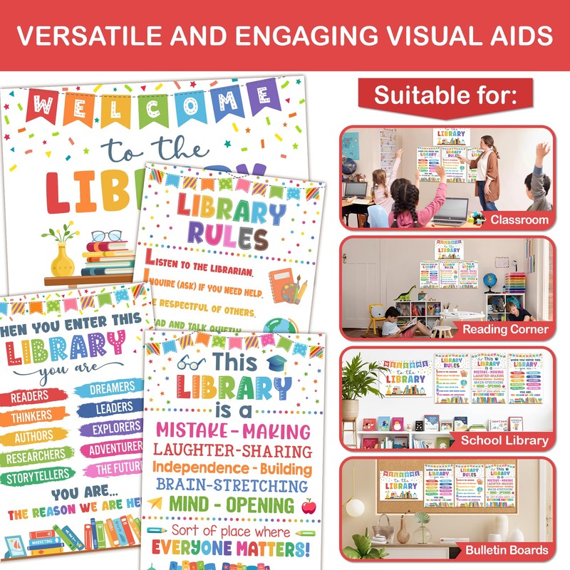 Lalunia 4 Pcs Library Rules Poster (11"x16") - Classroom Library