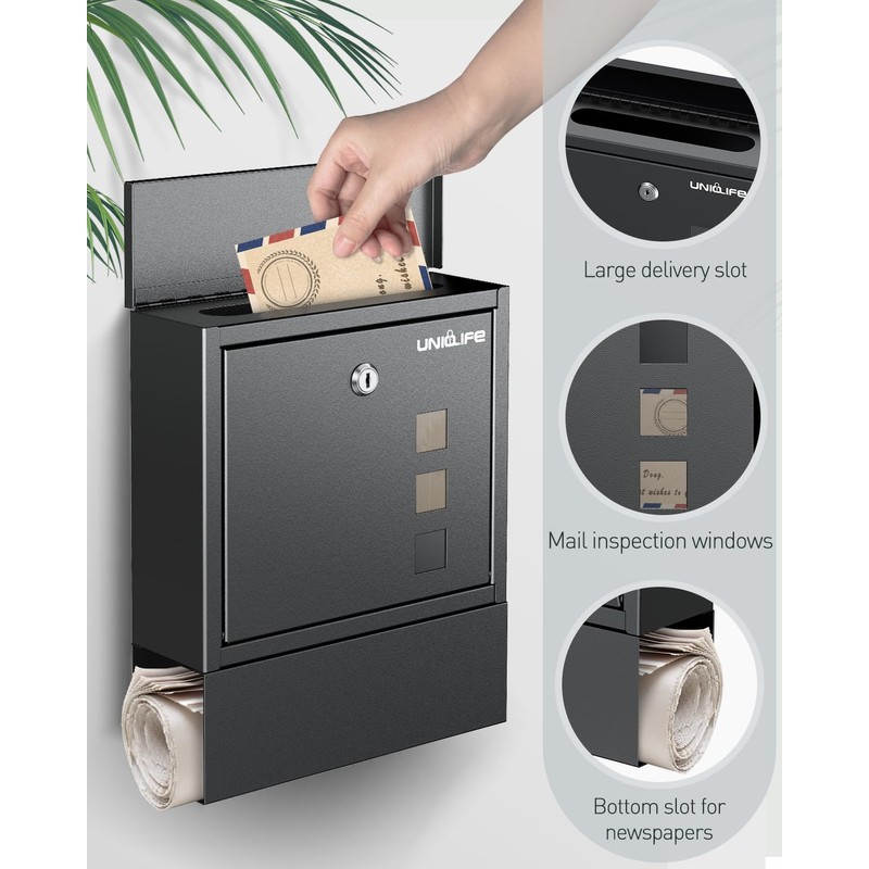 Uniclife Wall Mount Mailbox, Mailboxes for Outside, Large Modern Mail