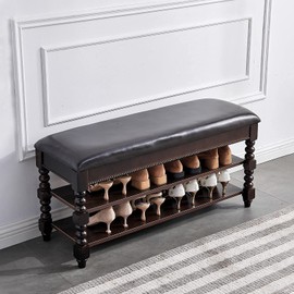 LKZ Shoe Storage Bench, Solid Wood Shoe Bench with Microfiber Leather Cushion Seat for Hallway, Entryway, Living Room, Bedroom (Walnut, 39.4'')