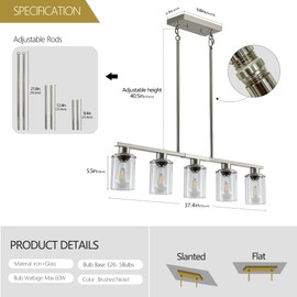 YIHANTLZ Industrial Linear Pendant Light, 5-Light Black Kitchen Island Chandelier with Clear Glass Shades & Edison Bulbs, Adjustable Height Hanging Light Fixture for Dining Room, Bar, Cafe (Nickle)