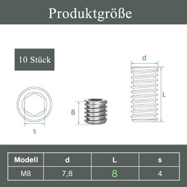 MejaRizon Grub Screws Pack of 10 Threaded Screws M8 x 8 mm DIN 913 / ISO 4026 with Hexagon Socket and Taper Tip, Worm Screws Hexagonal Screw Stainless Steel A2 V2A VA Silver Rustproof