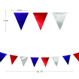 32Ft Red Blue Silver Fabric Triangle Banner Flag Double Sided Metallic Holographic Pennant Bunting Garland for Graduation 4th of July American USA Patriotic National Day Birthday Outdoor Party Decor