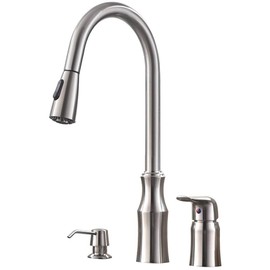 HOTIS 3 Hole Kitchen Faucet with Pull Down Sprayer, Brushed Nickel Kitchen Sink Faucet with Soap Dispenser, Single Handle 3 Pieces Stainless Steel Kitchen Faucet Set, HT-KF300