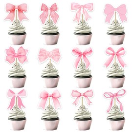 24 Pack Pink Bow Cupcake Toppers Bowknot Cupcake Toppers Cute Dessert Bow Tie Picks for Princess Girls Birthday Baby Shower Party Wedding Bridal Engagement Party Decorations