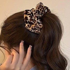 Leopard Print Scrunchie for Women Girls Cute Cat Ears Hair Scrunchies for Thick Thin Hair Animal Hair Accessories for Girls Women Leopard Soft Hair Ties Brown Elastic Band for Hair