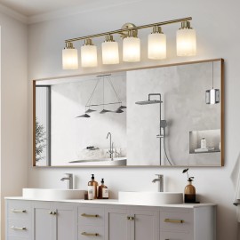 39" Modern 6-Light Vanity Wall Sconce, Golden Finish with Frosted Glass Shades for Bathroom or Hallway Lighting (No Bulbs)Lamp Power(W): 30, Lamp Sizes: Small, Product Size: 98x16x26cm
