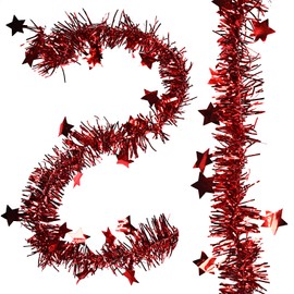 NAUZE 10M Christmas Star Tinsel Garland Christmas Tree Garland Decoration Tinsel Hanging Garland Red Glittery Metallic Streamers (Red)