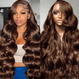 AUABEAUTY Chocolate Brown Lace Front Wig Human Hair 22 Inch 13x4 Body Wave Lace Front Wigs Human Hair Pre Plucked 250 Density HD Lace Frontal Wigs Brown Colored Wigs Human Hair for Women