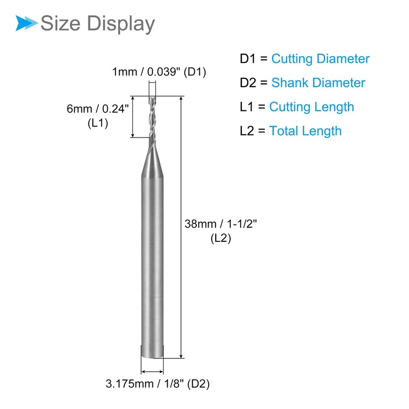 CoCud Spiral End Mills, 1/8" Shank 1mm x 6mm Solid