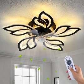 haodengshi 25" Black Geometric Ceiling Fan with Lights and Remote Control, 3 Light Color 6 Speeds Flush Mount Low Profile Ceiling Fan for Bedroom Kitchen
