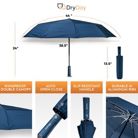 DryDay 47” Premium Umbrellas for Rain, Large Windproof Double Canopy Umbrella, 10 Aluminum Ribs, Sturdy Frame, Auto Open Close Unique Handle, Windproof & Waterproof Umbrella for Women & Men, Navy Blue